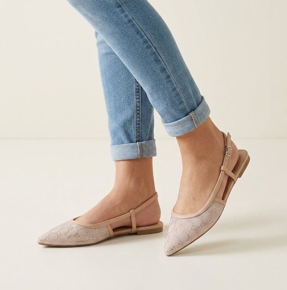 Bamboo Rhinestone Mesh Slingback Flats Women’s 8 Nude Pointed Toe NWOB